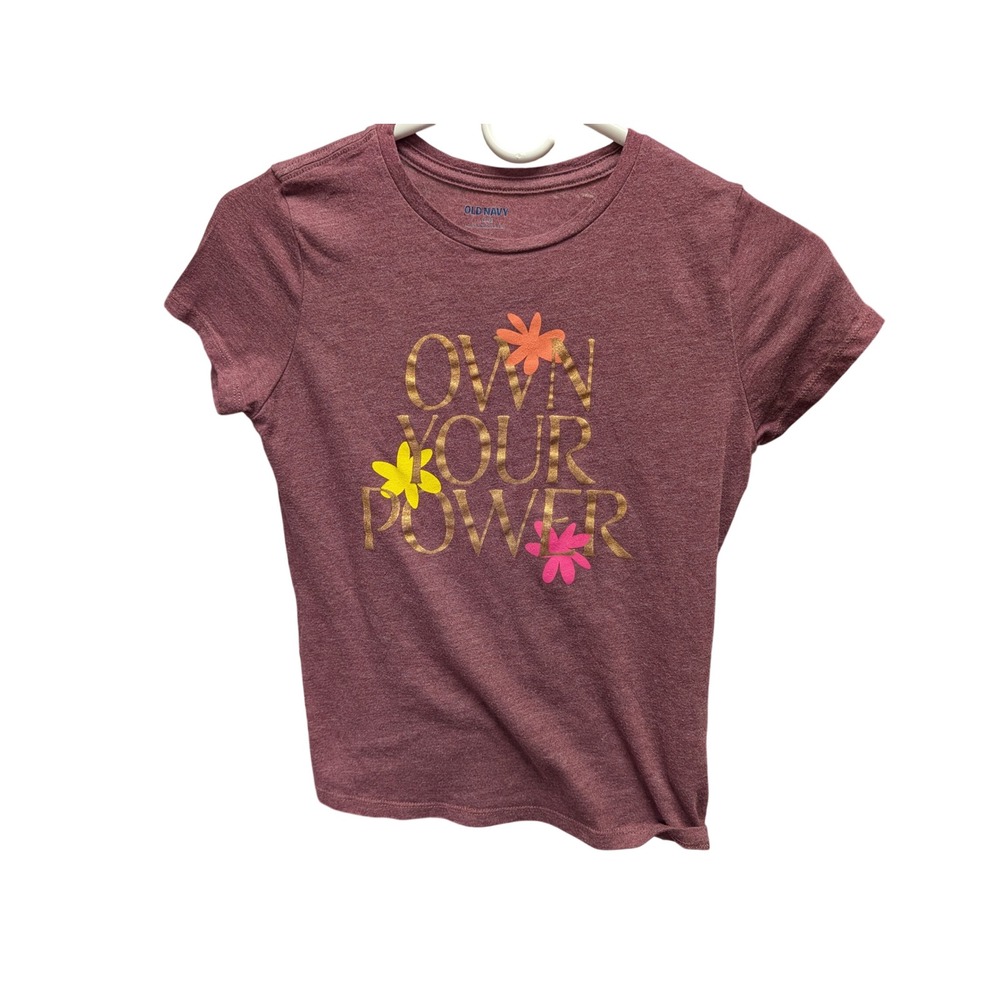 Old Navy Graphic Tee Kids L 10-12 Burgundy Excellent Own Your Power Floral Gold